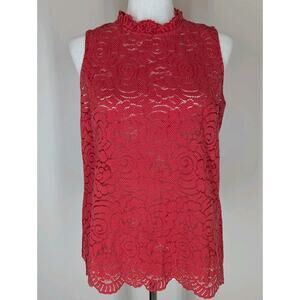 Banana Republic Top Womens Medium M Lace Floral Red Blouse Sleeveless Keyhole